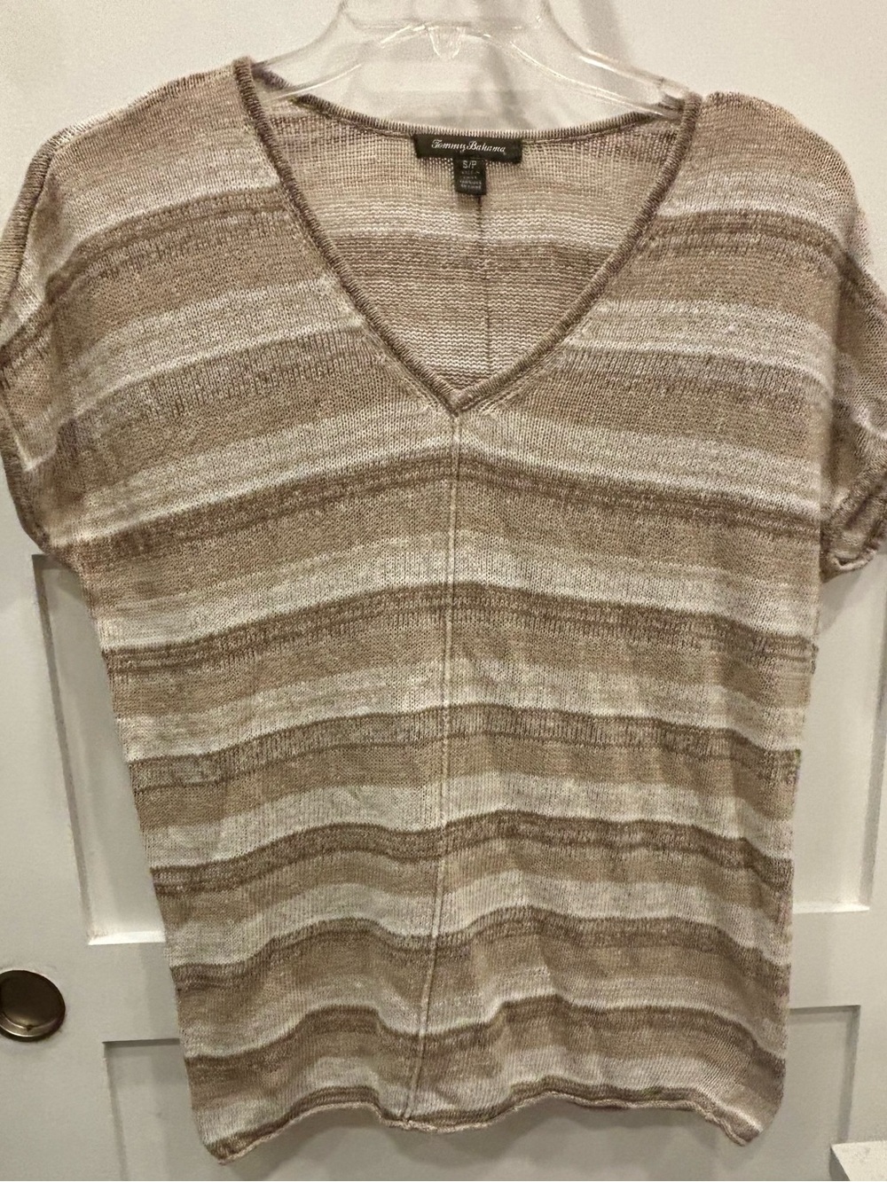 Tommy Bahama Beige & Cream Striped V-Neck Linen Cotton Blend Knit Top